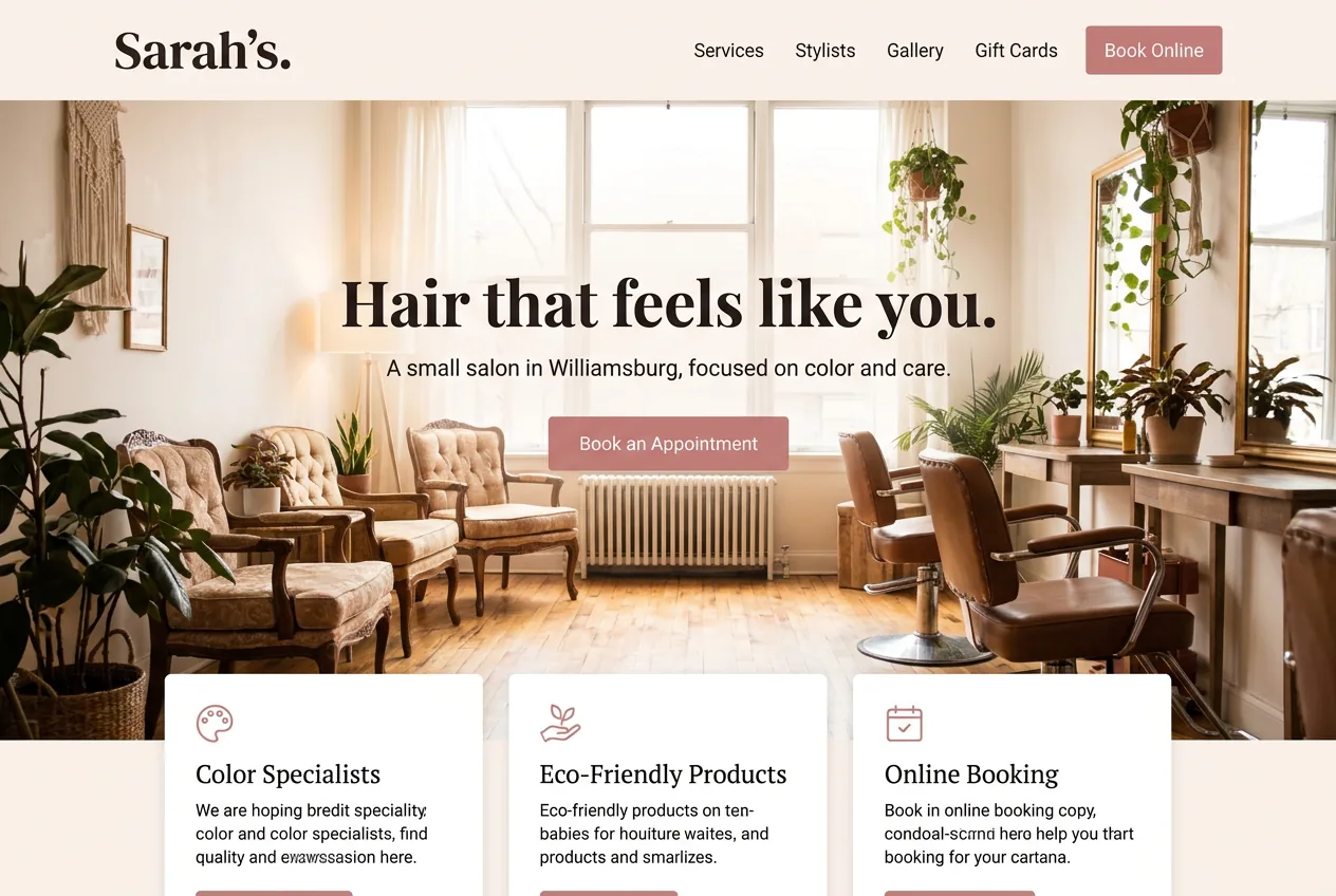 Example website for Sarah's Hair Studio